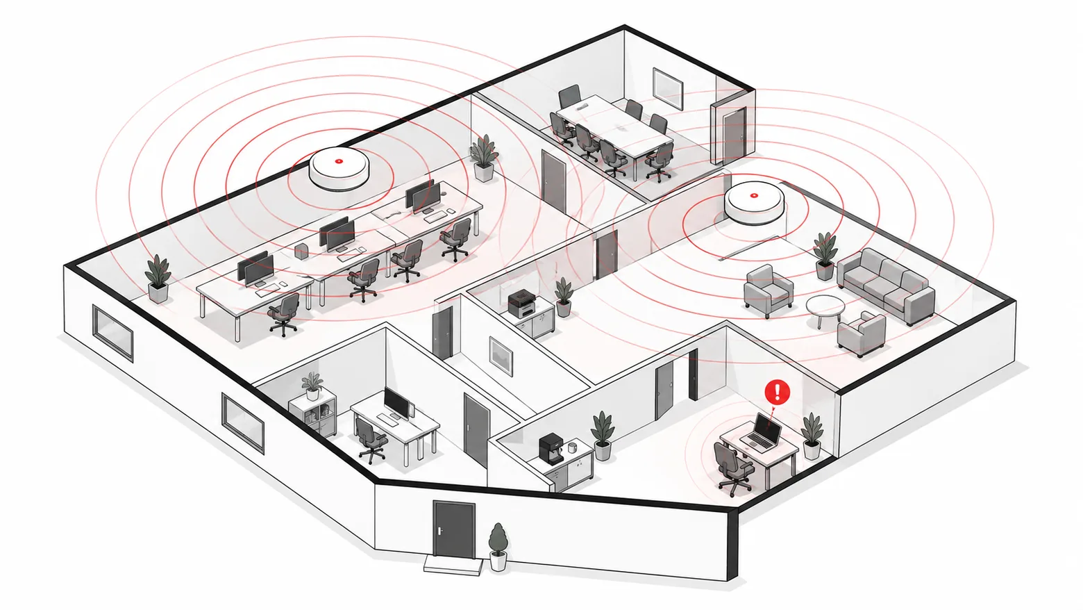 WLAN-Ausleuchtung im Grundriss: zwei Access Points – und eine Funkloch-Ecke mit Warnpunkt