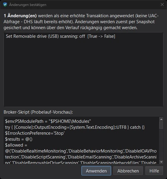 Best&auml;tigungsdialog: eine &Auml;nderung wird als erh&ouml;hte Transaktion angewendet, darunter der Diff und die Broker-Skript-Vorschau mit dem exakten PowerShell-Code