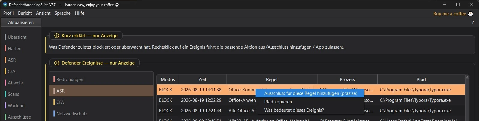 Reiter Ereignisse, Rechtsklick auf ein &uuml;berwachtes Ereignis: Men&uuml; mit &bdquo;Diese App zulassen (&Uuml;berwachter Ordnerzugriff)&ldquo; und &bdquo;App-Pfad kopieren&ldquo;