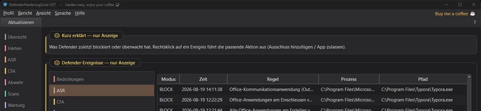 Reiter Ereignisse, Unterreiter &Uuml;berwachter Ordnerzugriff: Liste der zuletzt &uuml;berwachten und blockierten Vorg&auml;nge mit Modus (Audit/Block), Zeit, Programm und gesch&uuml;tztem Ziel