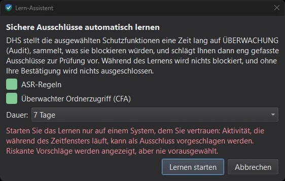 Dialog Lern-Assistent: Auswahl von ASR-Regeln und &Uuml;berwachtem Ordnerzugriff, Dauer 24 Stunden, rote Warnung, dass riskante Vorschl&auml;ge nie vorausgew&auml;hlt werden