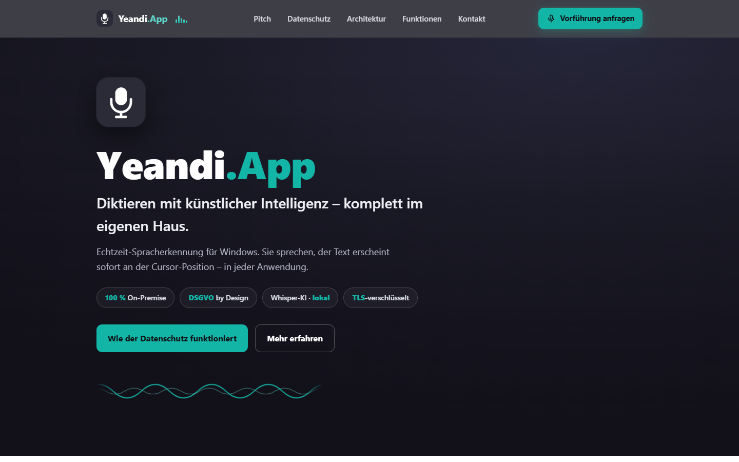 Startseite von Yeandi.App: Echtzeit-Spracherkennung für Windows, 100 Prozent On-Premise, DSGVO by Design